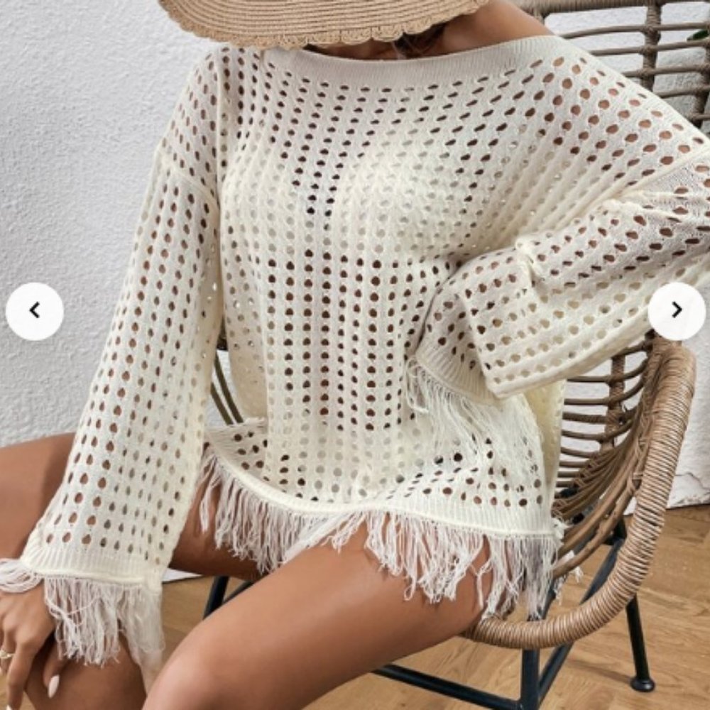 Open Knit Fringe Hem Drop Shoulder Cover Up